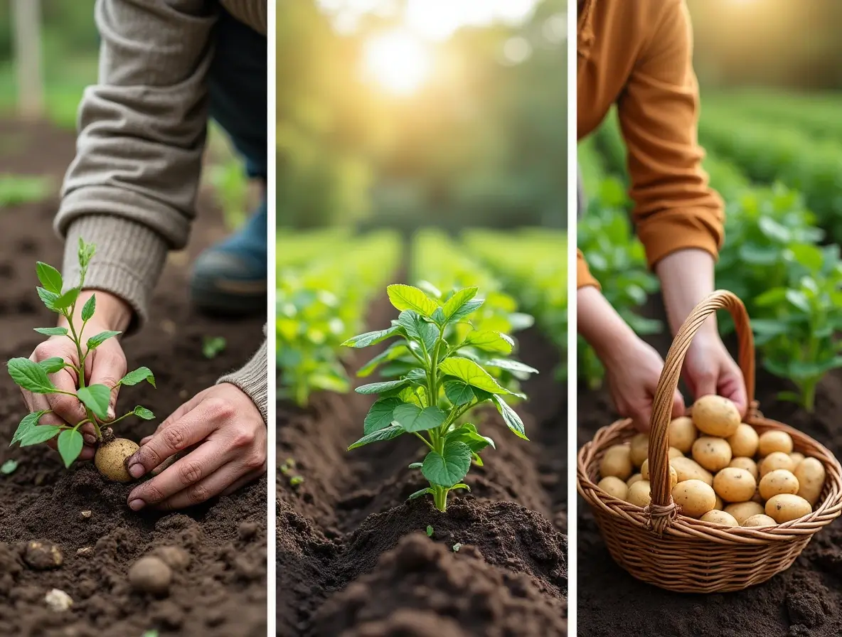 A realistic collage showing the stages of "When to Plant and Harvest Potatoes": from planting seed potatoes in spring to harvesting mature potatoes in fall.