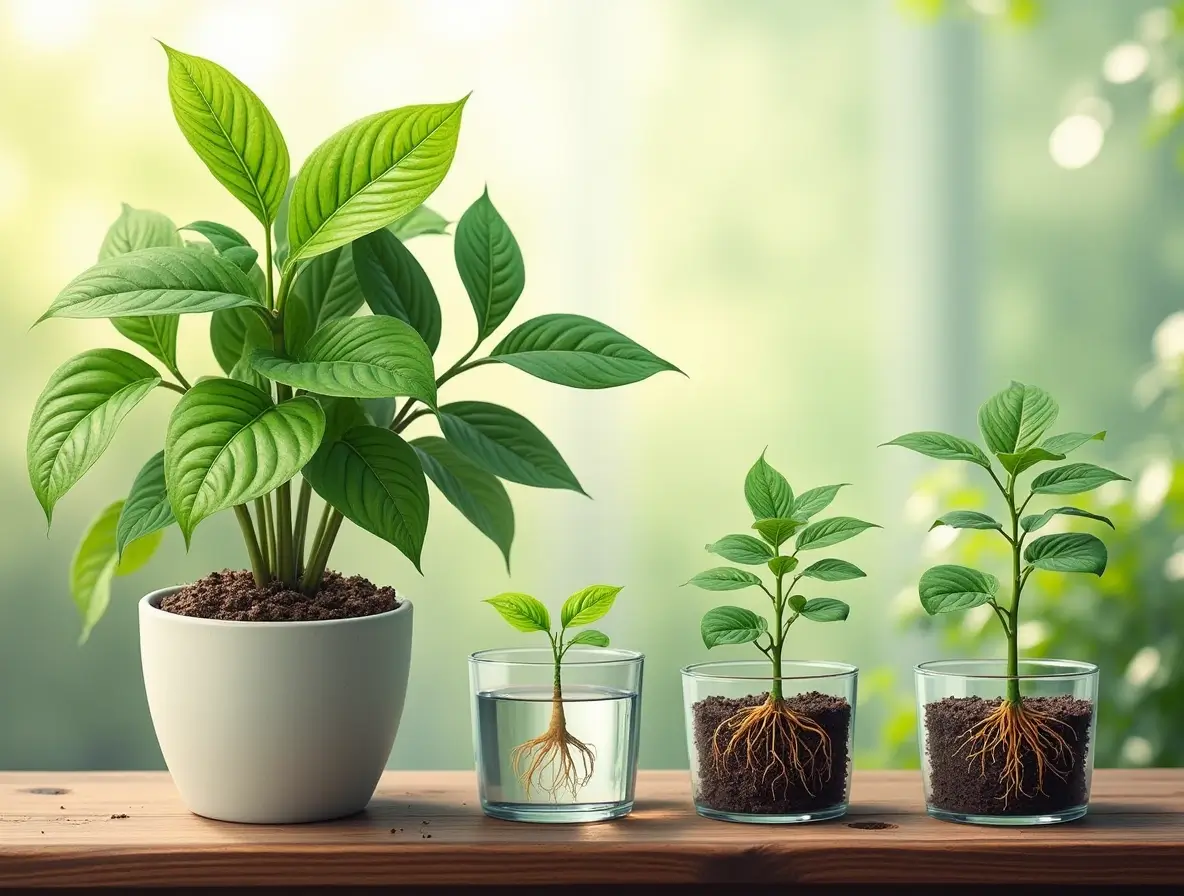 A close-up shot of a ZZ plant cutting in water, with visible roots forming and healthy green leaves, showcasing ZZ Plant Propagation.