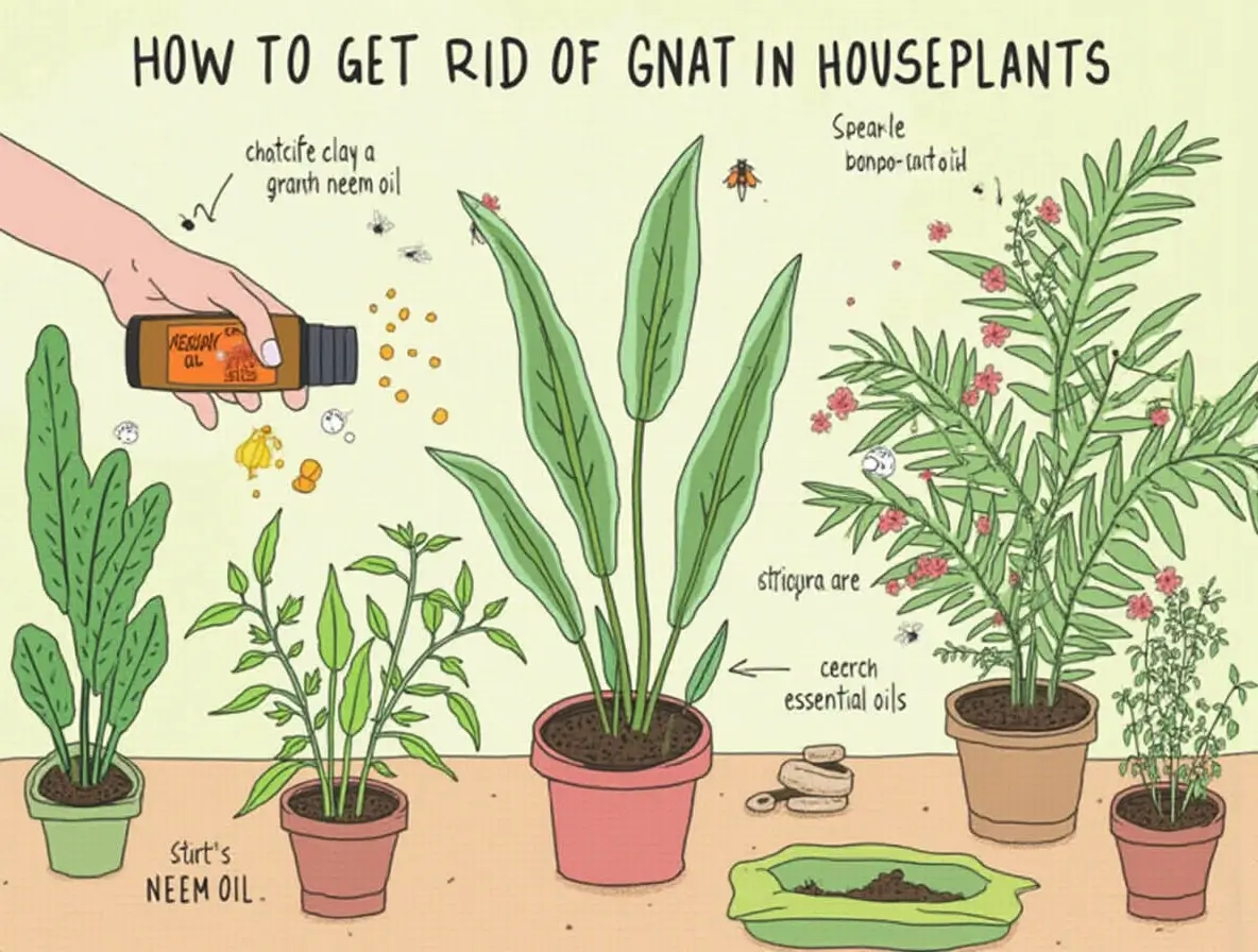 Collage of houseplants with gnats, sticky traps, neem oil, and dry soil to show how to get rid of gnats in houseplants.