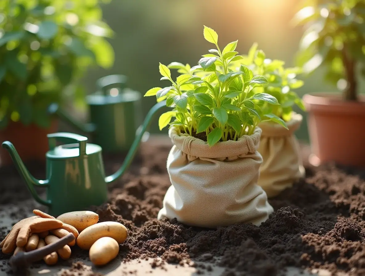 Soil preparation for planting potatoes in a grow bag with compost, perlite, and potting mix