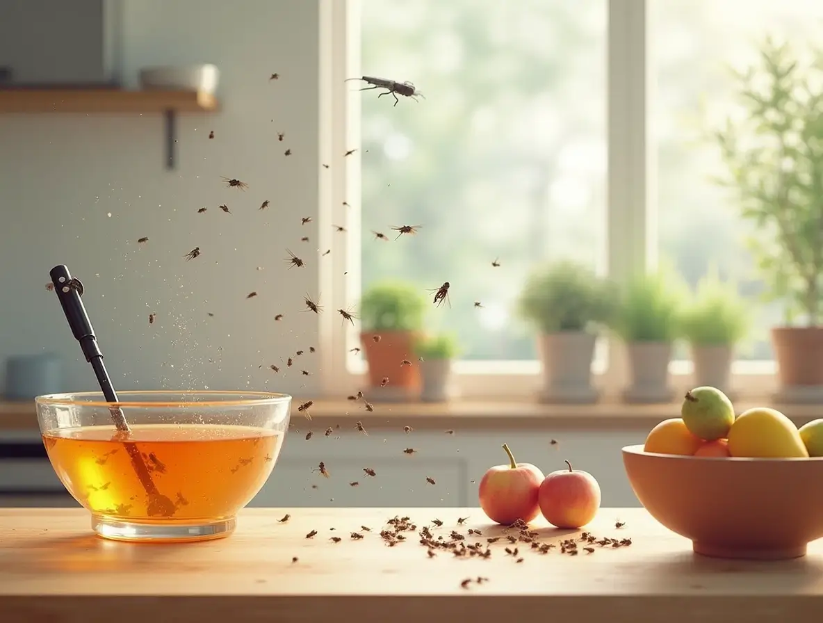 Realistic kitchen scene showing methods to get rid of gnats quickly, including apple cider vinegar traps, plant care, and using a handheld vacuum.