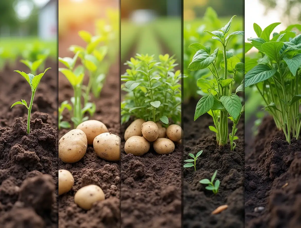 A gardener planting seed potatoes in well-prepared soil during early spring, focusing on the timing of "When to Plant and Harvest Potatoes