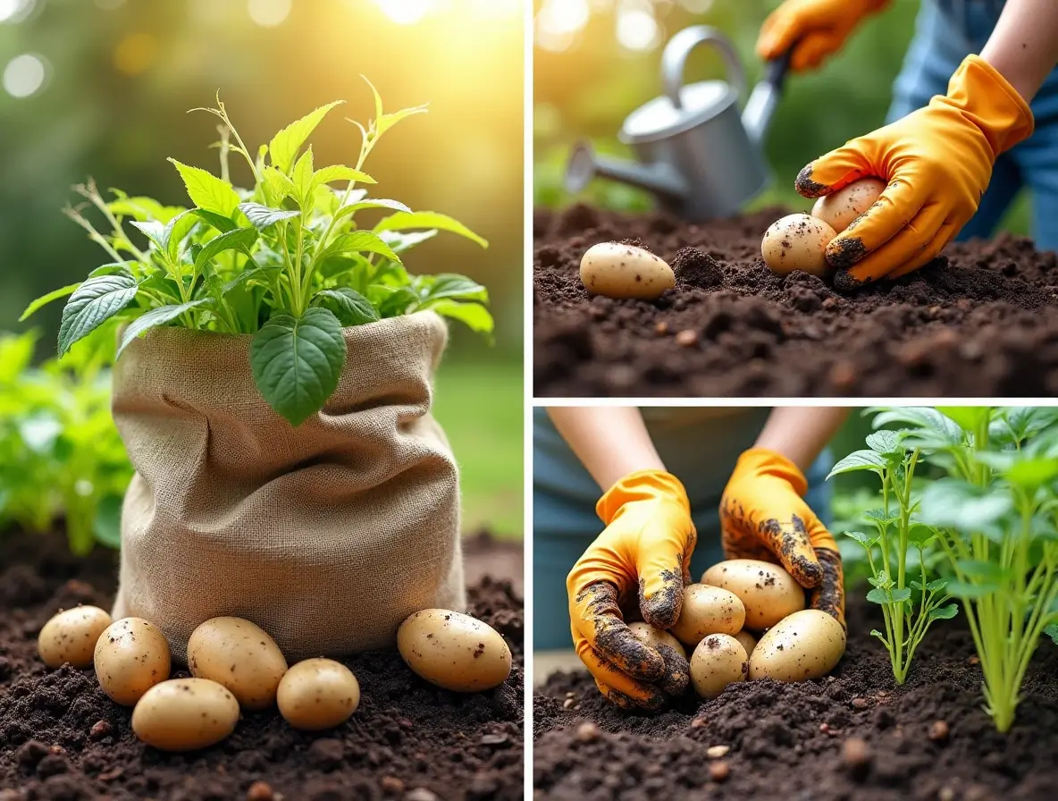 Collage showing the process of how to plant potatoes in a bag, from preparation and planting to growth and harvest.