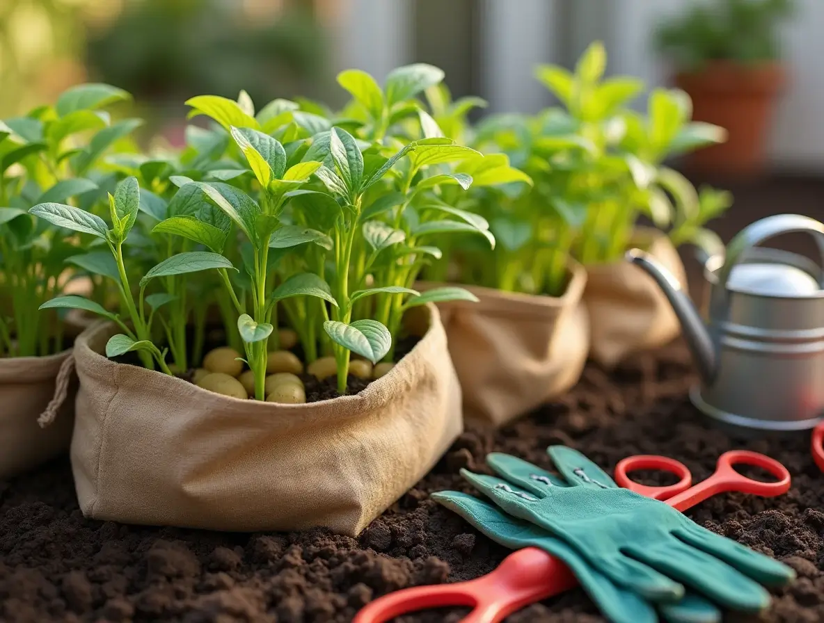 Harvesting freshly grown potatoes from a grow bag