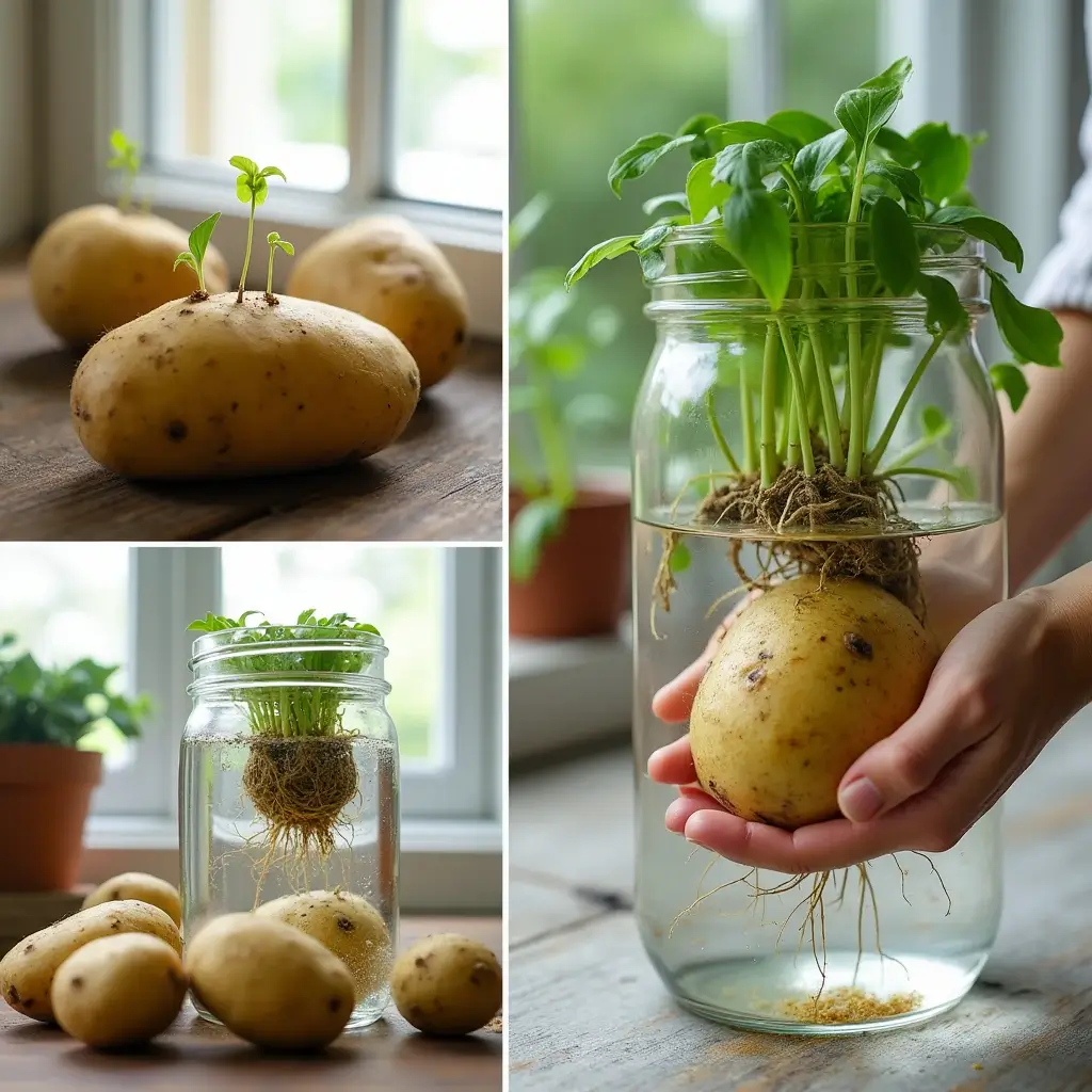 Hydroponic setup showing potatoes suspended in water using toothpicks