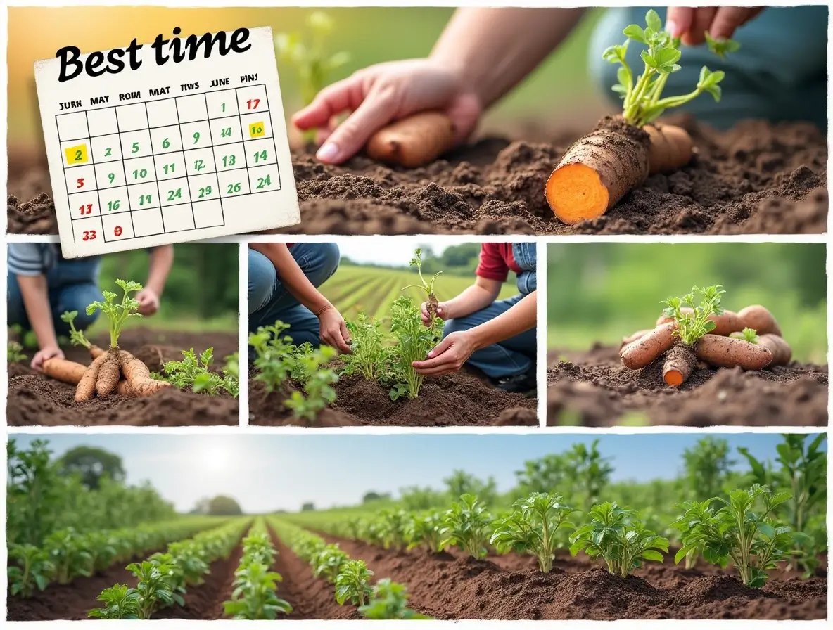 Close-up of sweet potato slips being planted in warm, fertile soil during springtime