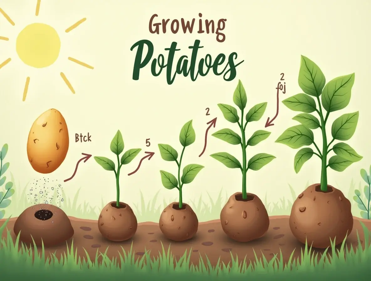 Illustration of a potato plant growing in a garden, with focus on the stages from planting to harvest.