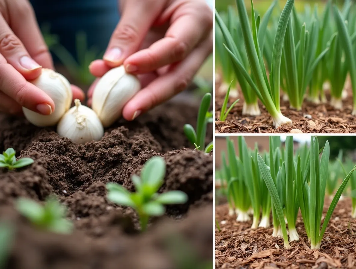 How to grow garlic: Healthy garlic plants growing in rich garden soil with green leaves